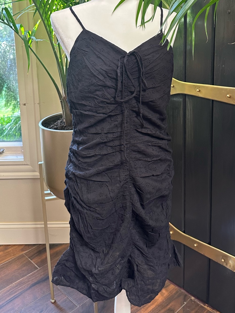 NWT EMILY WONDER Black Eyelet Ruched Spaghetti-Strap Dress 100% cotton Sz Lg